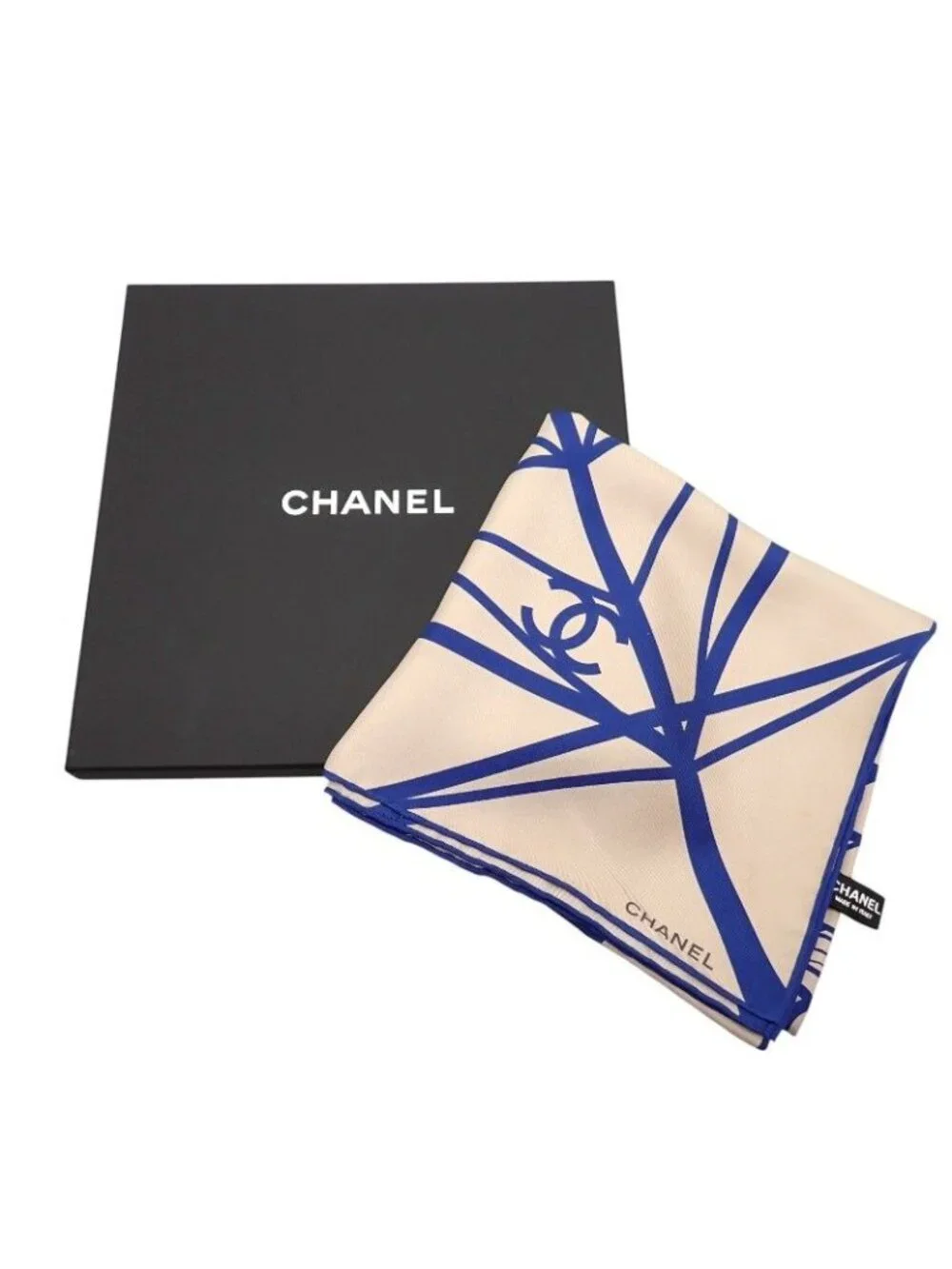Chanel CC Logo Geometric Scarf Silk Beige Blue Included